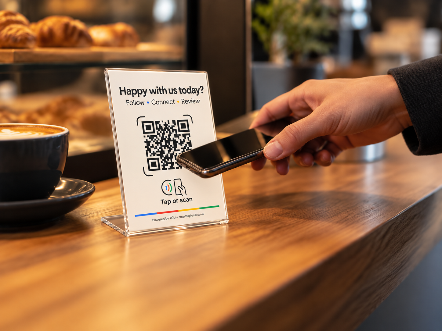 Clear acrylic Smart Tap Local stand on a café counter with a customer tapping their phone
